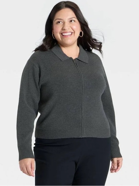 a new day Sweaters - a new day Charcoal Zip-Up Collared Cardigan